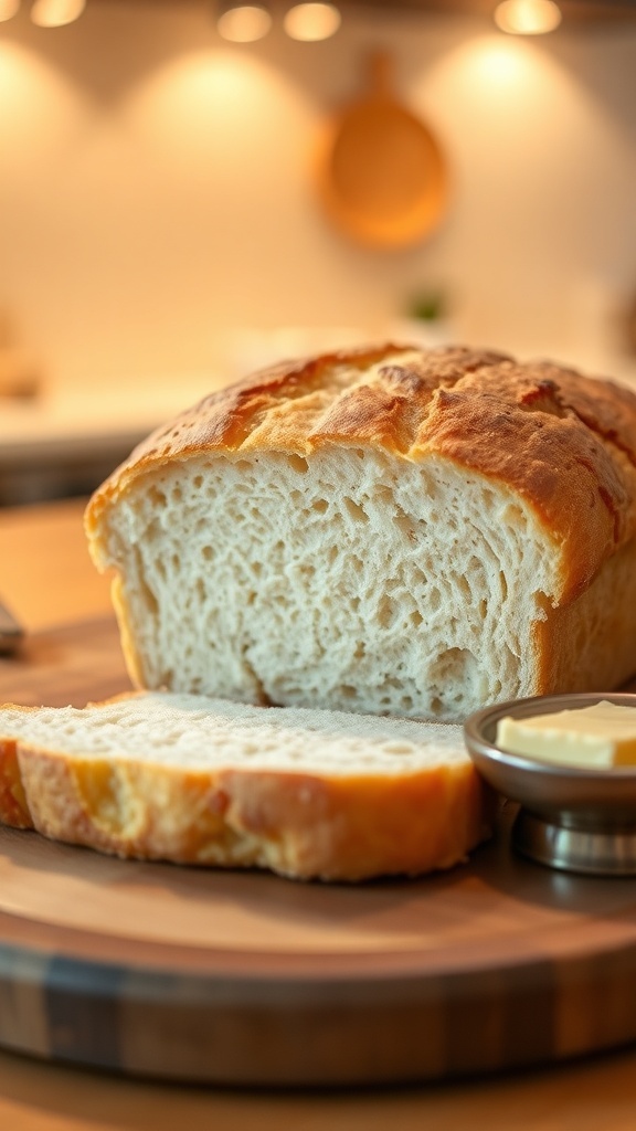 Quick Homemade Bread Recipe A golden brown loaf of homemade bread sliced on a cutting board with butter.
